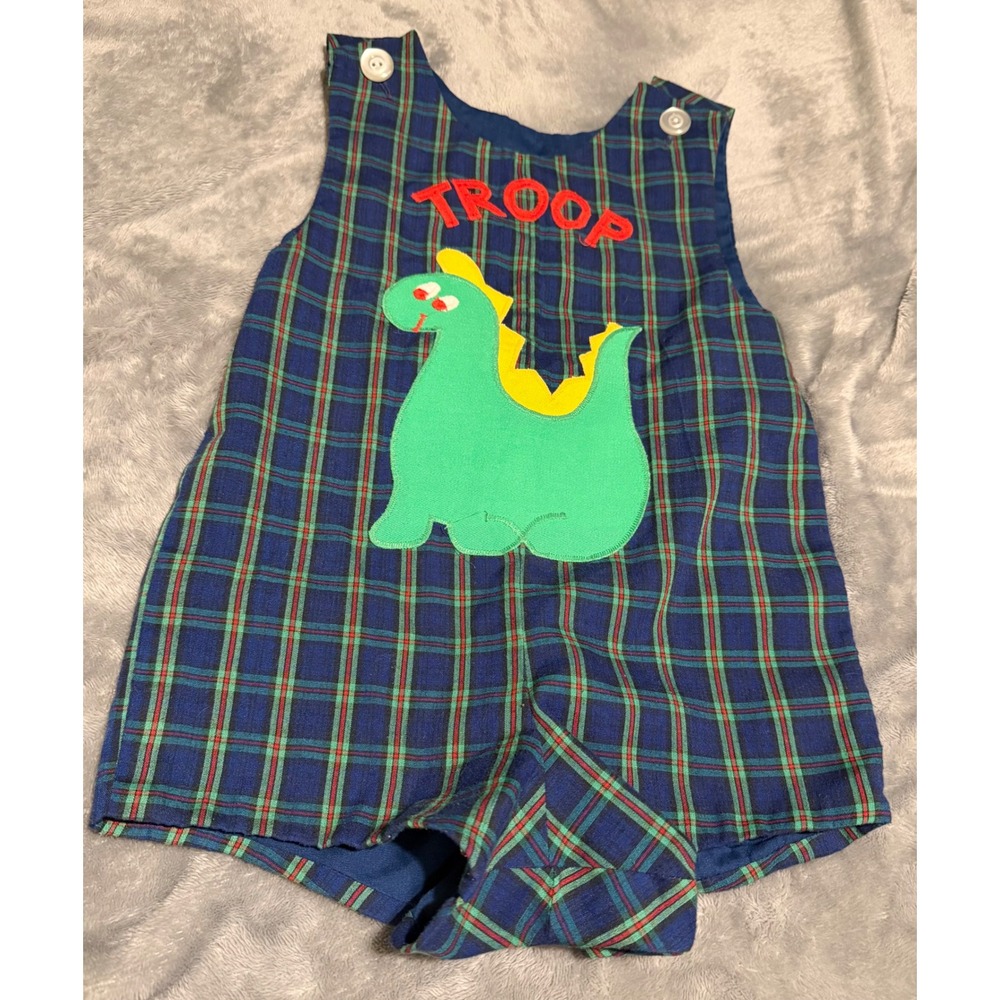 Kellys Kids Vintage Plaid Dinosaur Romper Blue Green Red Plaid Troop Applique 2T